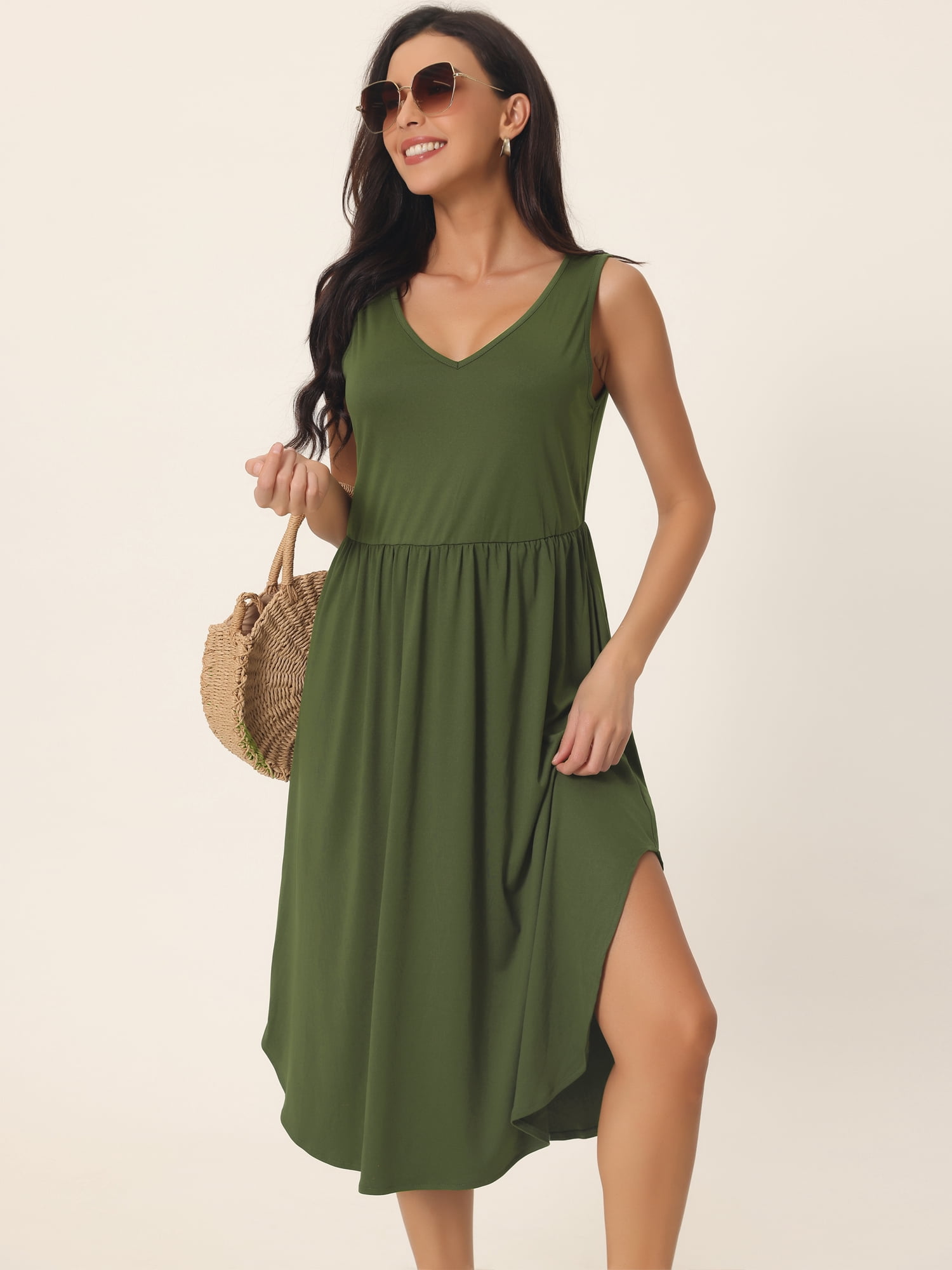 Unique Bargains Women's Sleeveless V Neck Split Hem Midi Dress with Pockets XL Army Green