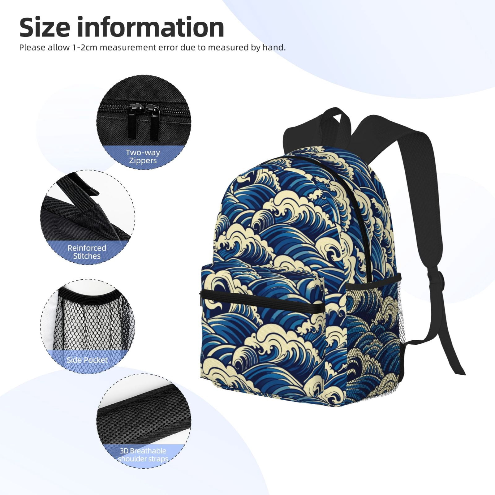 Fuzoiu Japanese Water Wave Print School Backpack for Teens,Large Bookbag,Lightweight Laptop Bag for Travel, Work, School & Outdoor Adventures