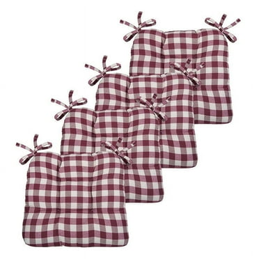 4 Pack Country Farmhouse Plush Buffalo Plaid Checkered Chair Cushion Pads With Tear Proof Ties - Burgundy/Beige
