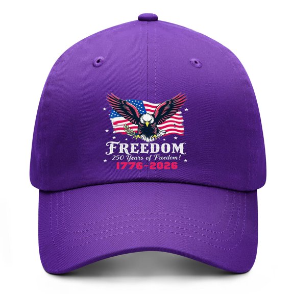 United States 250th Anniversary Purple Hat Featuring Printed Patriotic Artwork with Adjustable Construction for Everyday Wear and National Celebrations