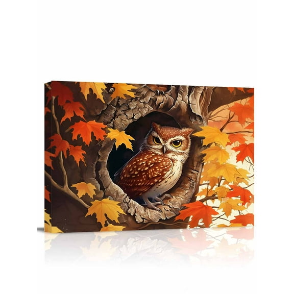 Fall Orange Canvas Print Wall Art Framed Canvas Art Wall Decor Red Maple Leaves Animal Owl Pictures Painting Morden Artwork for Living Room Bedroom, Ready to Hang - 12"x16"