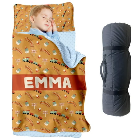 AOLOA Custom Name Toddler Nap Mat Little Train Theme with Railway Tracks Cozy Sleeping Bag Blanket for Kids Perfect for Preschool Daycare Home Travel and Naptime