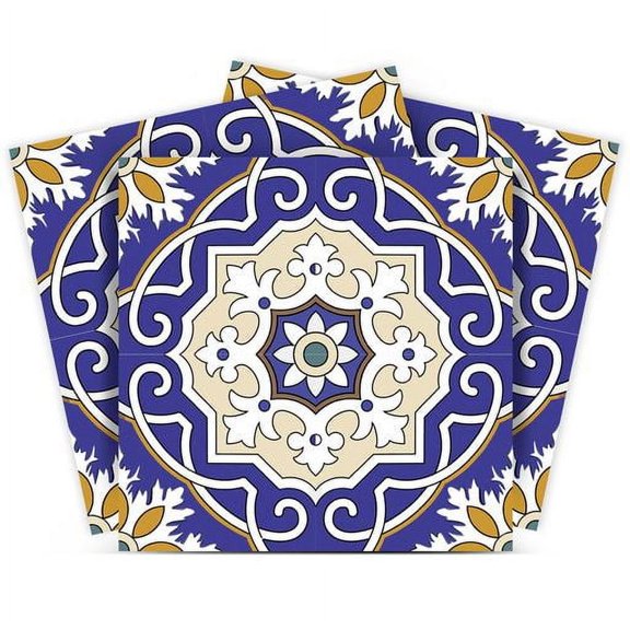 Mi Alma Floral Blue Yellow Tile Stickers - Removable Vinyl 4x4, 24 pcs