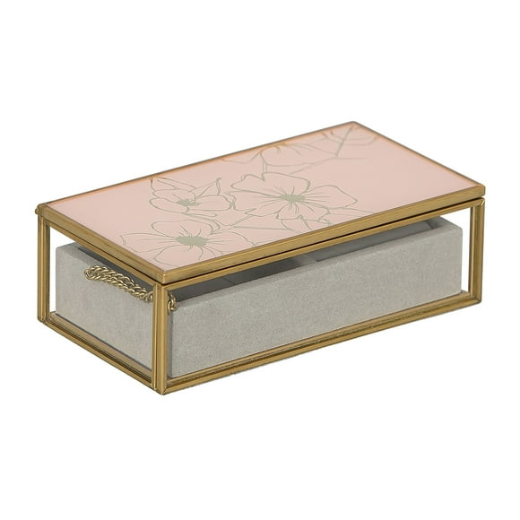 Mele & Co. Jess Glass Jewelry Box with Pink Floral Mirrored Lid, 1.88" x 3" x 6"