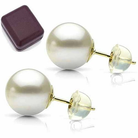 13-14mm White Perfect Round High-Luster Nucleated Freshwater Pearl 14kt Yellow Gold Stud Earrings