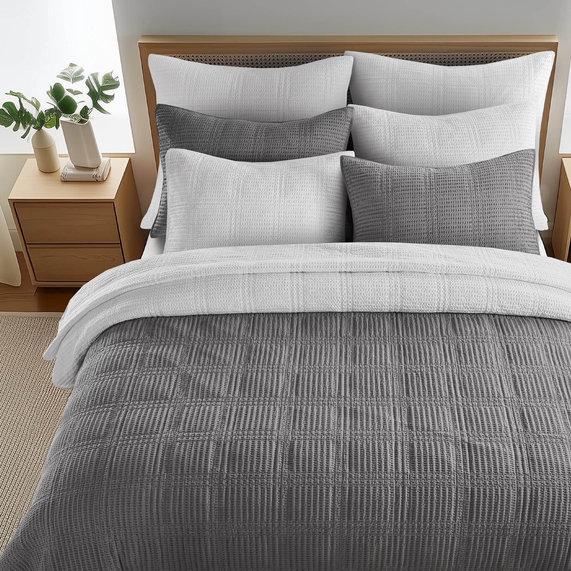 Levtex Home - Cloud Waffle Quilt Set - Full/Queen Quilt and Two Standard Shams - Waffle Textured - Grey - Quilt (88x92in.) and Shams (20x26in.) - Reversible - Cotton