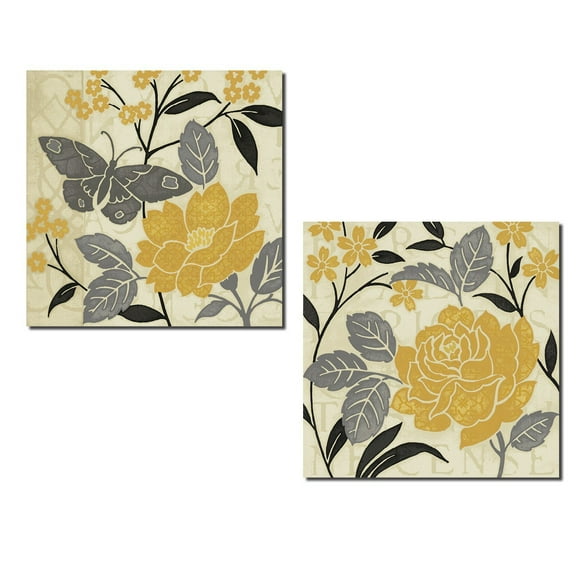 Gray and Yellow Flower and Butterfly Adult Floral Decor; 2 - 12" x 12" Unframed Posters