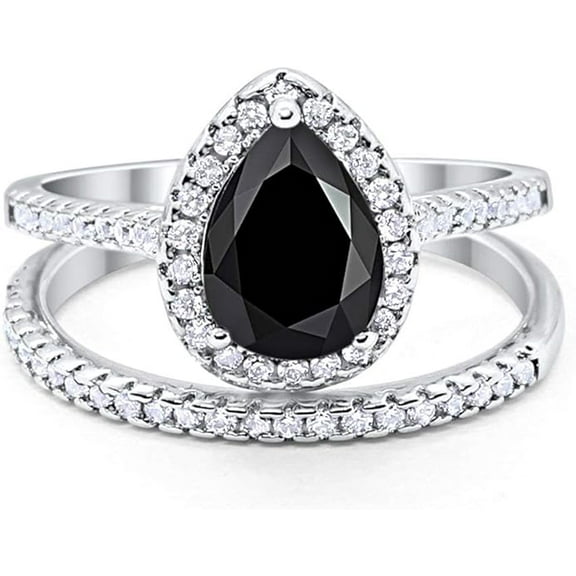 NYS Jewellrs 14K White Gold Plated 2.40 Ct Pear Cut Black Diamond Wedding Engagement Bridal Ring Set For Women's 925 Sterling Silver -6