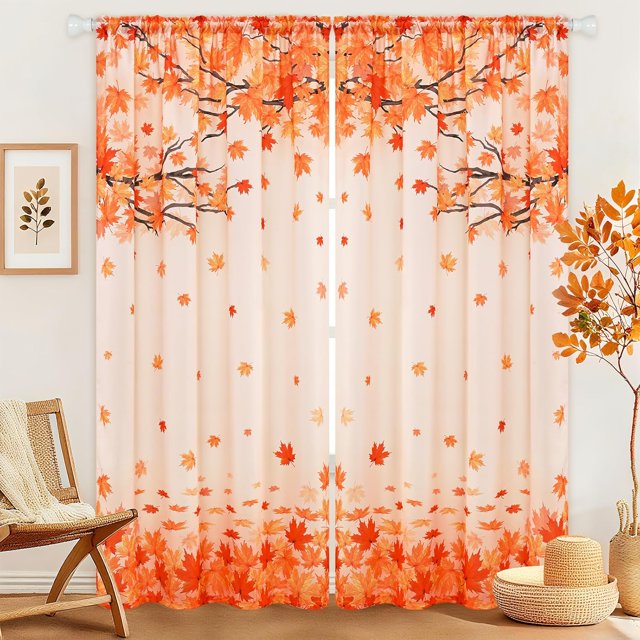 Fall Curtains for Living Room Maple Leaves Curtain 84 Inch Length 2 Panels Set Thanksgiving Curtains for Bedroom Rod Pocket Light Filtering Window Curtain for Dining Room, Autumn, 52"W x 84"L
