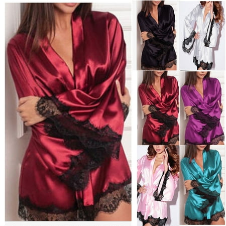 Womens Dressing - Women Satin Silk Kimono Robe Dressing Bathrobe Gown Wedding Bridesmaid Sleepwear