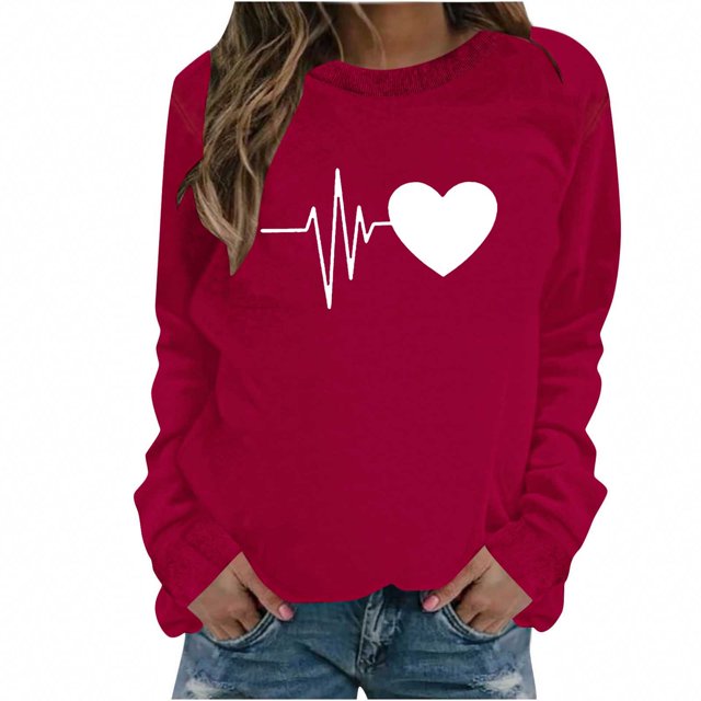 Bowake T-Shirts de la Saint-Valentin pour Femmes Col Rond Manches Longues T-Shirt Cœur Décontracté Mode Décontractée Chandail en Molleton Cadeaux pour Femmes