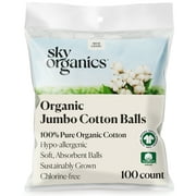 Sky Organics Organic Jumbo Cotton Balls For Sensitive Skin, 100% Pure Organic Cotton Sustainably Grown, Chlorine Free,  Hypoallergenic, Ultra-Soft and Absorbant for Beauty & Personal Care, 100 ct.