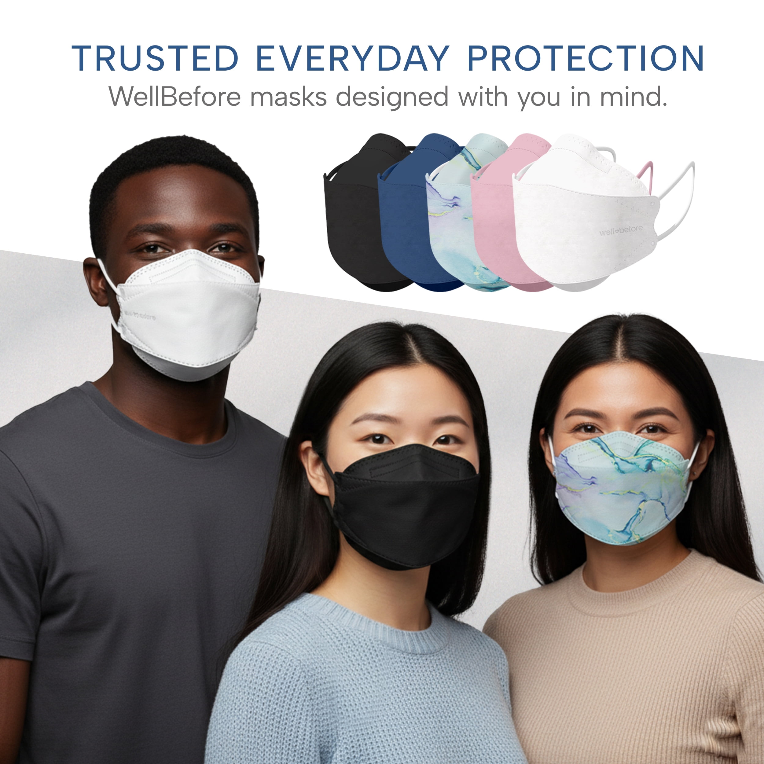 WellBefore Welcome Series KN95 3D Face Mask, Black, Regular, Pack of 50