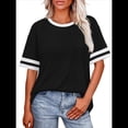 thumbnail image 1 of Camisetas de Mujer, Corte Holgado, Corta, Cuello Redondo, Bloques de Color, Moda de Verano 2025 Negro M, 1 of 8