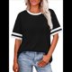 thumbnail image 1 of Camisetas de Mujer, Corte Holgado, Corta, Cuello Redondo, Bloques de Color, Moda de Verano 2025 Negro XL, 1 of 8