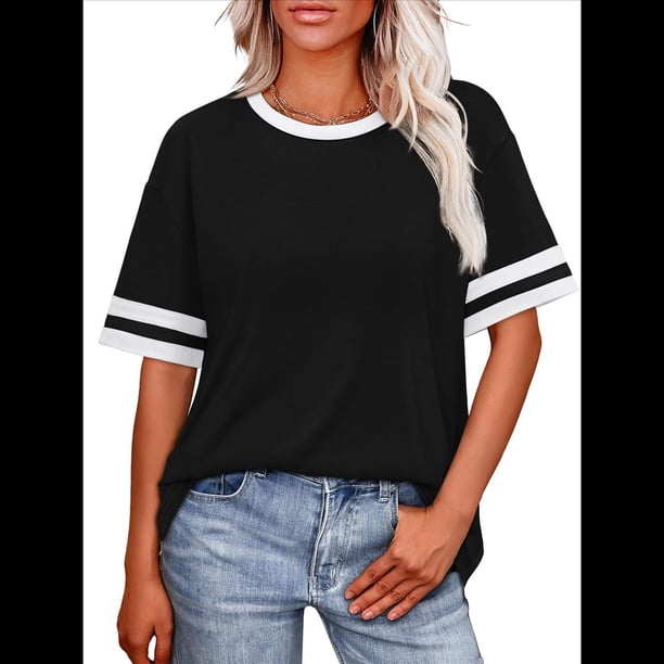 Camisetas de Mujer, Corte Holgado, Corta, Cuello Redondo, Bloques de Color, Moda de Verano 2025 Negro XL
