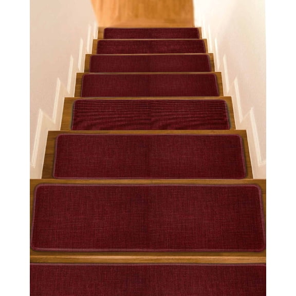 Vintage Dark Red Stair Treads Non Slip Runners Rugs, 4 Pcs Carpet for Stairs with Adhesive, Farmhouse Retro Solid Color Linen Texture Stair Mats Pads Indoor Stair Treads for Wooden Steps 8"x30"