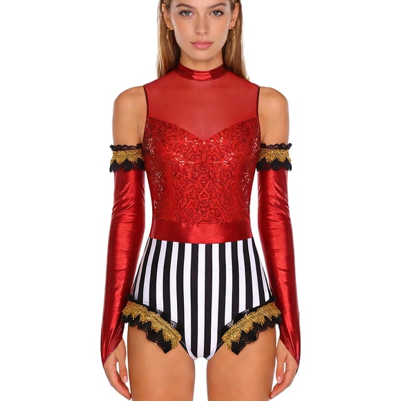 Kaerm Women Long Sleeve Bodysuit with Gloves Red S