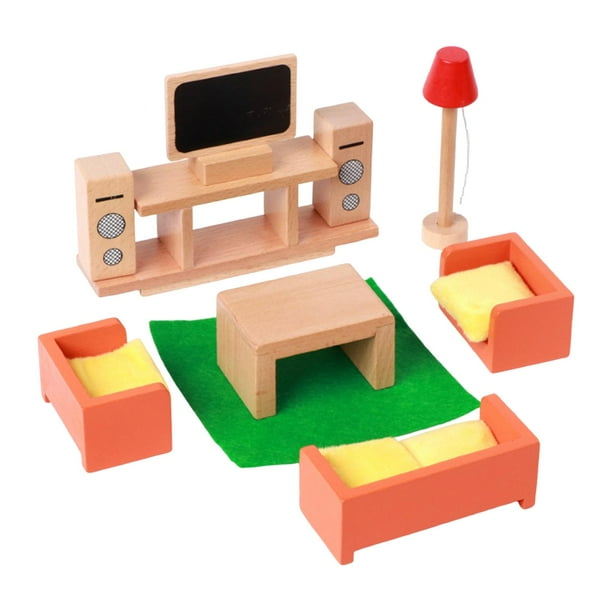 Juego de muebles de casa de muñecas de madera, colecciones de decoración, adornos de simulación de madera Sala de estar