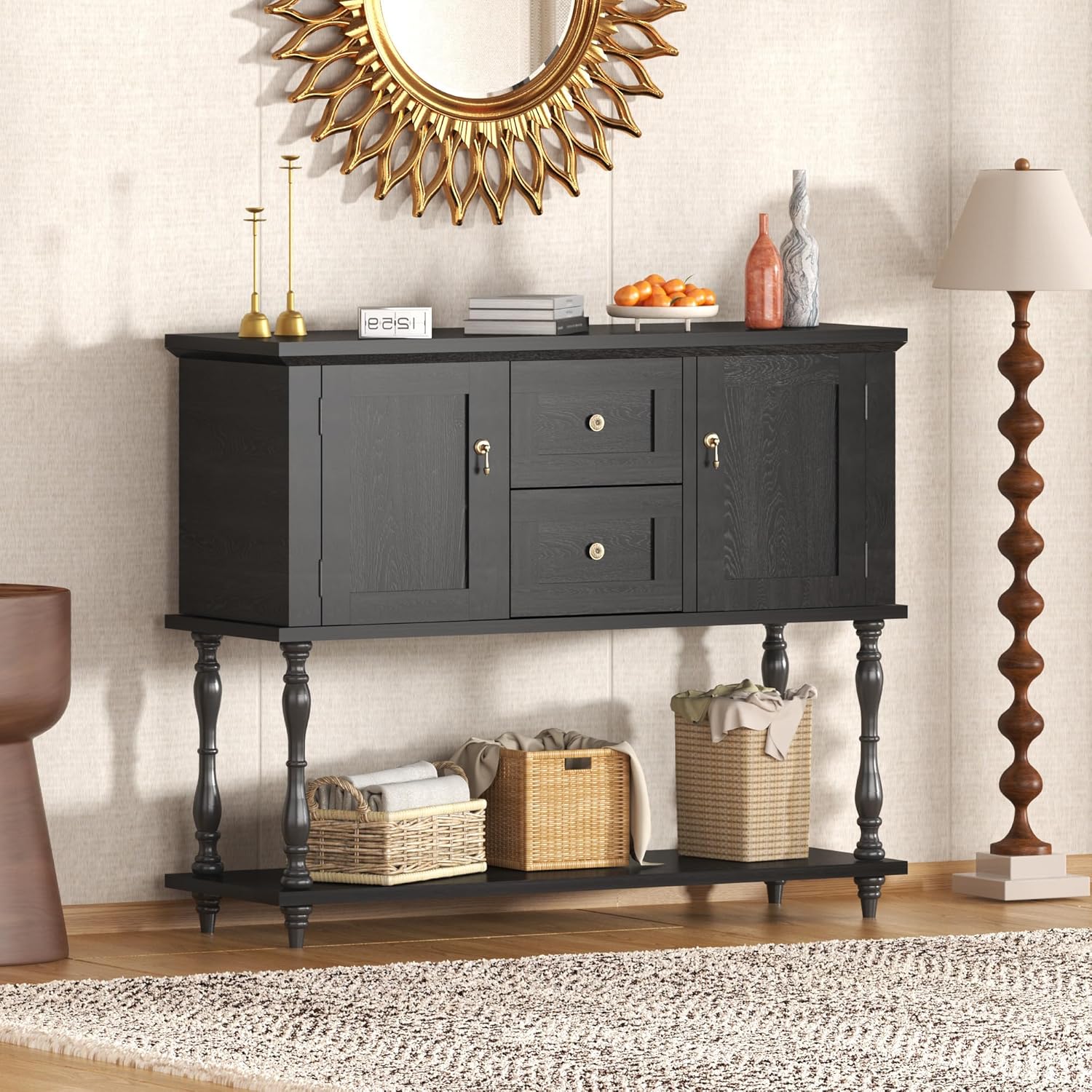 QinaQin Entryway Table with 2 Drawers,Vintage Console Table with Storage Shelf and 2 Doors,Farmhouse Buffet Sideboard Cabinet for Hallway,Entryway,Black