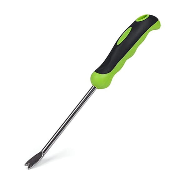 Green Dandelion Weeder, 2-Pronged Stainless Steel Hand Weeder, Ergonomic Handle, 12.6in