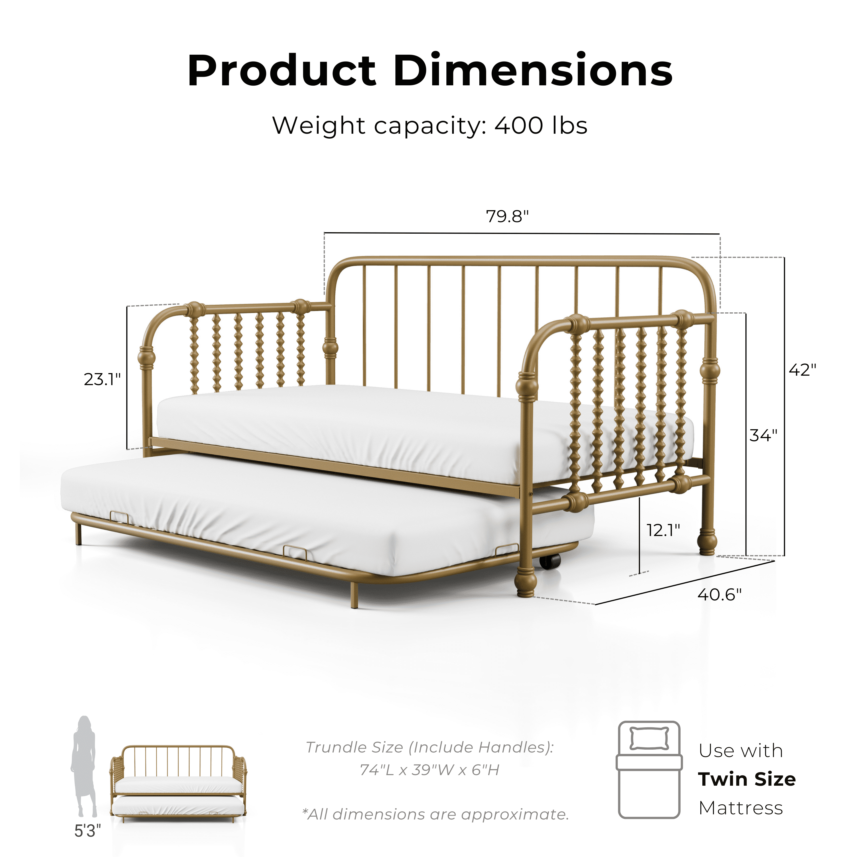 Furniture of America Wren Metal 2-Piece Twin Daybed with Trundle Set, Gold