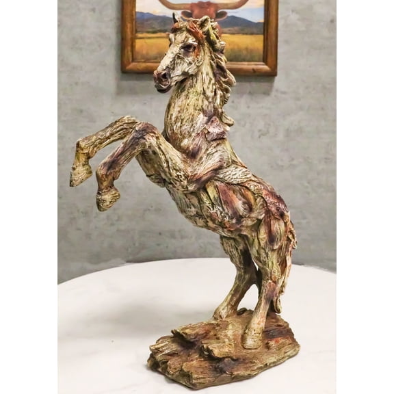 Rustic Western Rearing Prancing Horse in Faux Wooden Carving Resin Figurine