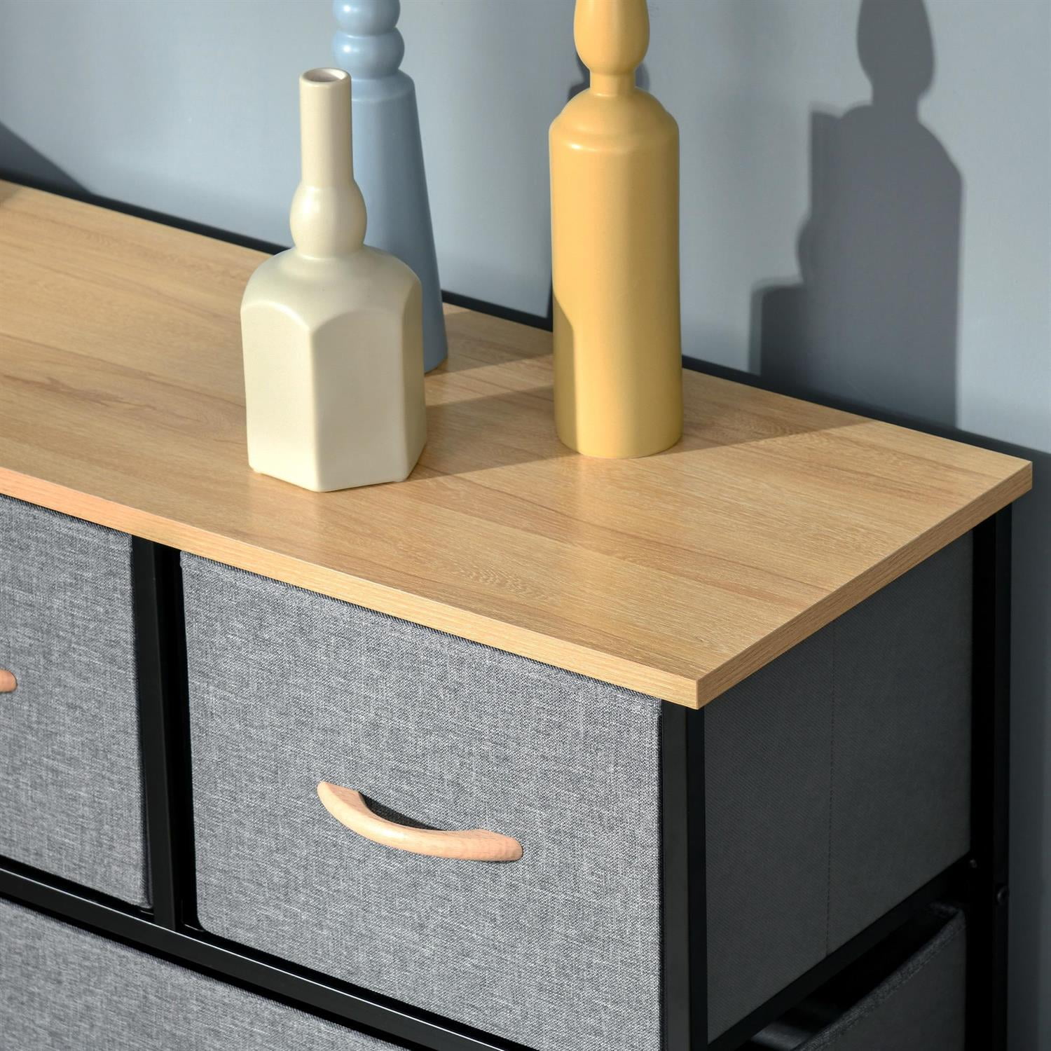 Demi Bonn 9 Drawer Steel Frame Storage Organizer, Wood Top & Easy Pull Fabric Bins for Hallways & Closets, Gray