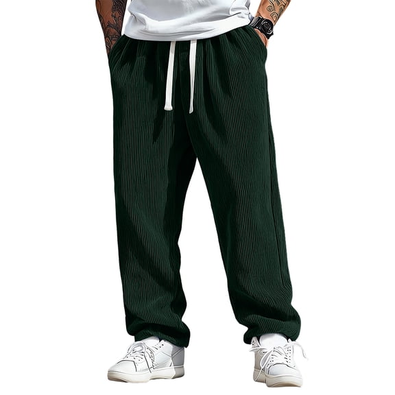 Men's Corduroy Pants Drawstring Elastic Waist Straight Leg Baggy Pants with Pockets