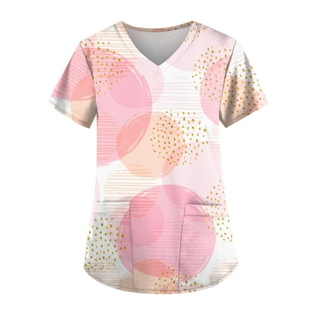 

Yubatuo Independence Day Women Plus Size Scrubs Top with Pockets V-Neck Short Sleeve Printed Work Blouse for Women Pink 2XL