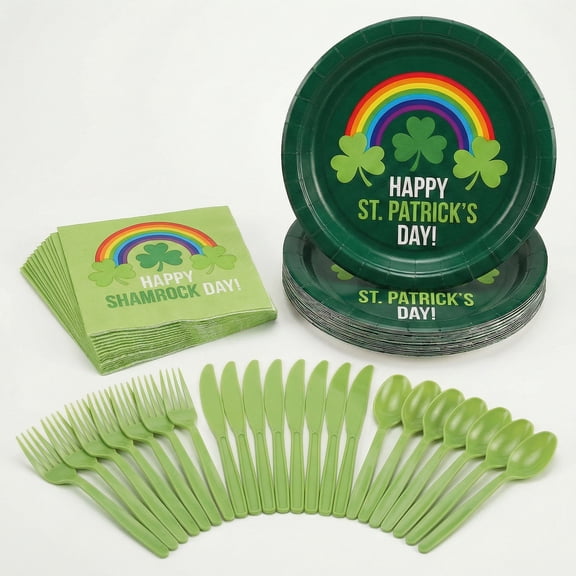 St. Patrick’s Day Shamrock Paper Plates 8.5" Round   Shamrock Luncheon Napkins Set, Light Green Cutlery Tableware Service for 16