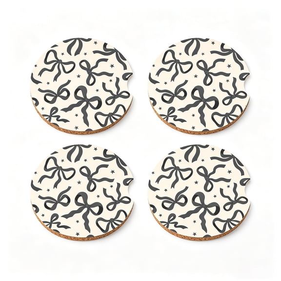 4 Pcs Car Cup Holder Coaster, Cute Black Ribbon Bow Car Coasters, Anti-Slip Ceramic Coasters for Cup Holders