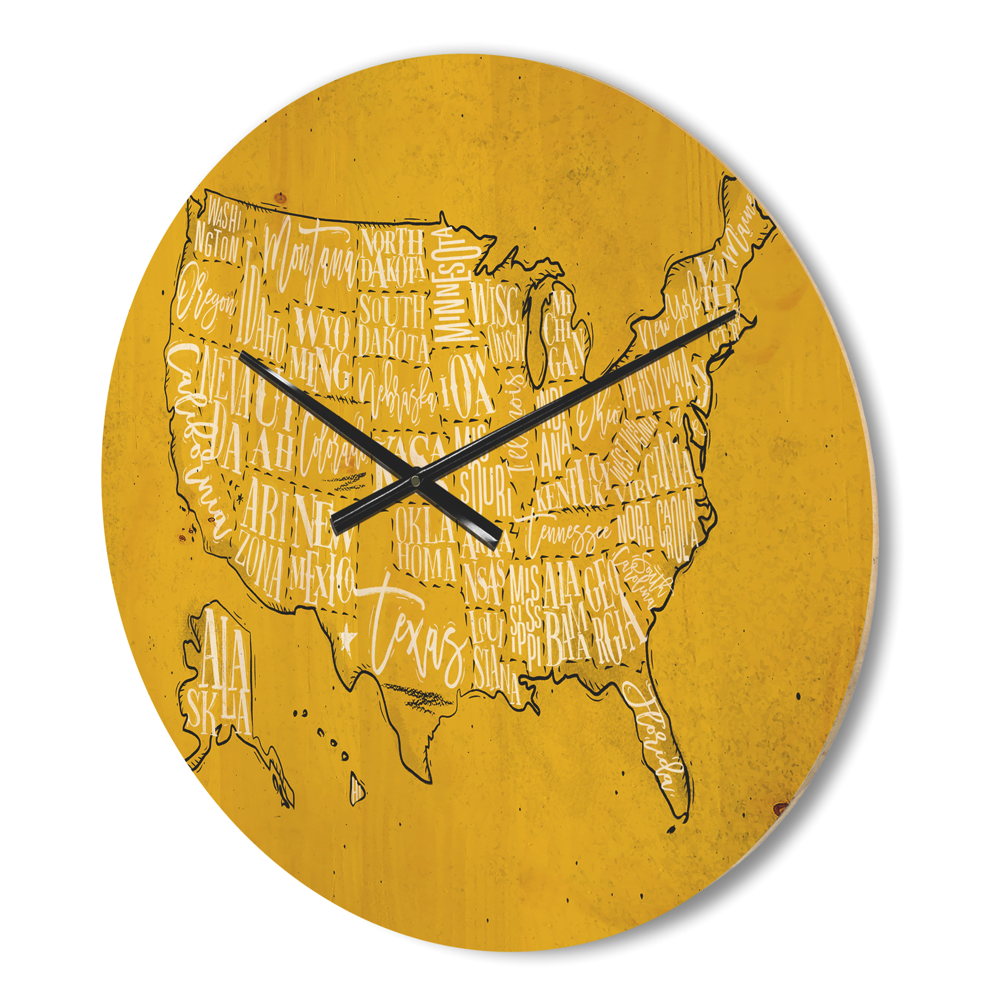Designart 'Yellow Vintage Map Of United States IV' Modern Wood Wall Clock