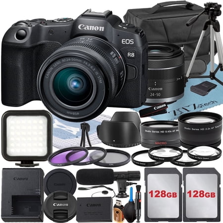 Canon EOS R8 Mirrorless Camera with RF 24-50mm Lens + 2 Pack 128GB Memory Card + LED Flash + Case + ZeeTech Accessory (International Version)