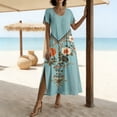 thumbnail image 6 of Women Dresses Ndbuld Women's Loose Short Sleeved Round Neck Fashion Bohemian Flared Split Floor-Length Maxi Dress Light Blue XL, 6 of 7