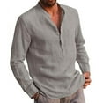 thumbnail image 2 of Men Henley T Shirts Casual Long Sleeve Button Linen V Neck Winter Loose Tops, 2 of 3