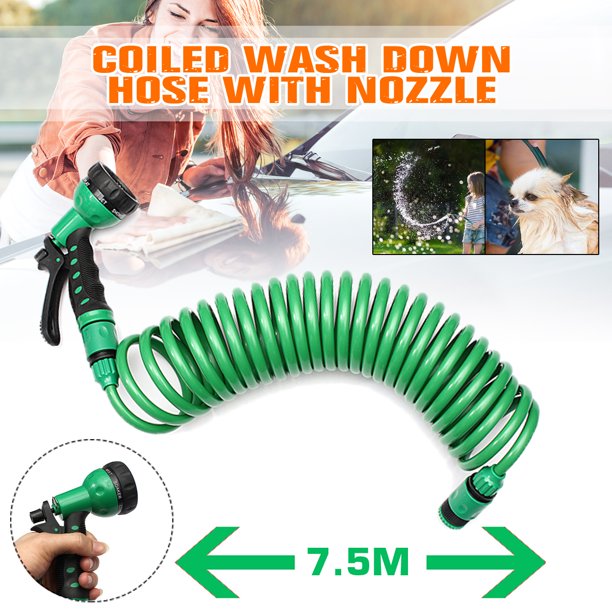 24.5' Coiled Water Hose with Sprayer Nozzle, Rust Resistant