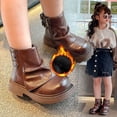 thumbnail image 1 of NOKIO Girls’ Chun𝗄y Heel Ankle Boots, Leather Pull-On Booties with Two Buckle Straps, Round Toe Comfortable Platform Winter Shoes, 1 of 9