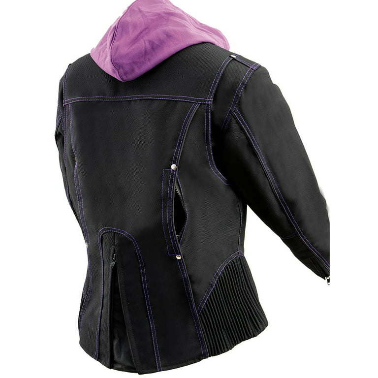 Milwaukee Leather MPL1967 Women's 3/4 Hooded Black and Purple Textile  Jacket with Reflective Tribal Detail Medium