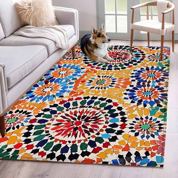 Area Rug 3x5ft Traditional Colourful Moroccan Wall Tile Mosaic Back Area Rugs Washable Low Pile Floor Carpet for Bedroom, Bohemian Style Non Slip Soft Rugs for Living Room Entryway Dining Room