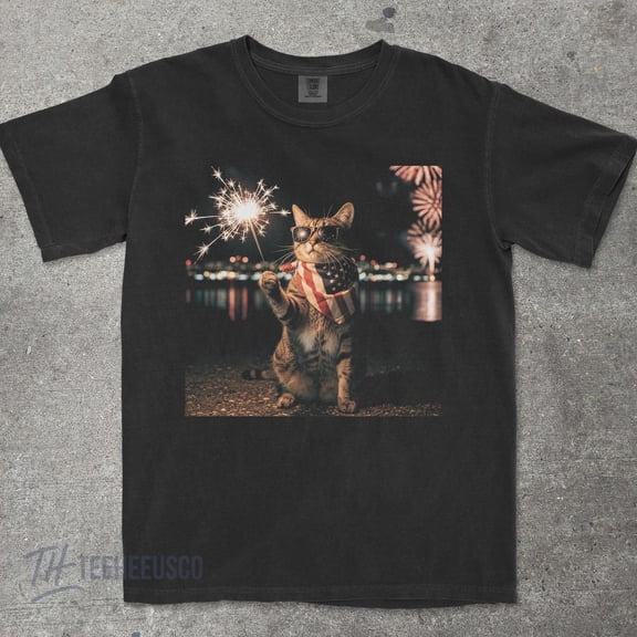 VibeNest Studio Unisex Funny Patriotic Cat Sparkler 4th of July Fireworks Garment Dyed Graphic T-Shirt