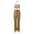 thumbnail image 4 of Women'S Two Piece Outfits Fashion Casual Hand Crochet Tassel Matching Beach Spaghetti Strap Crop Top And Knitted Wide Leg Pants Tracksuit Set, 4 of 5
