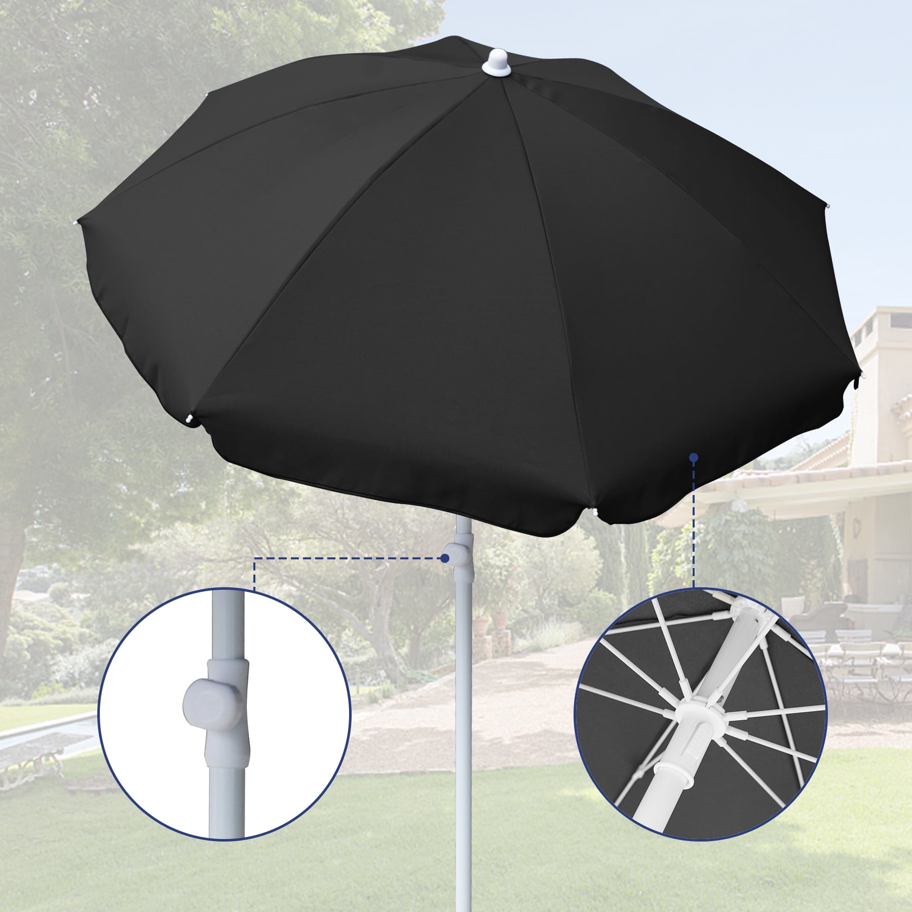 AMMSUN 6ft Black Round Outdoor Picnic Portable Market Patio Umbrella,Tilt Pole & Carry Bag