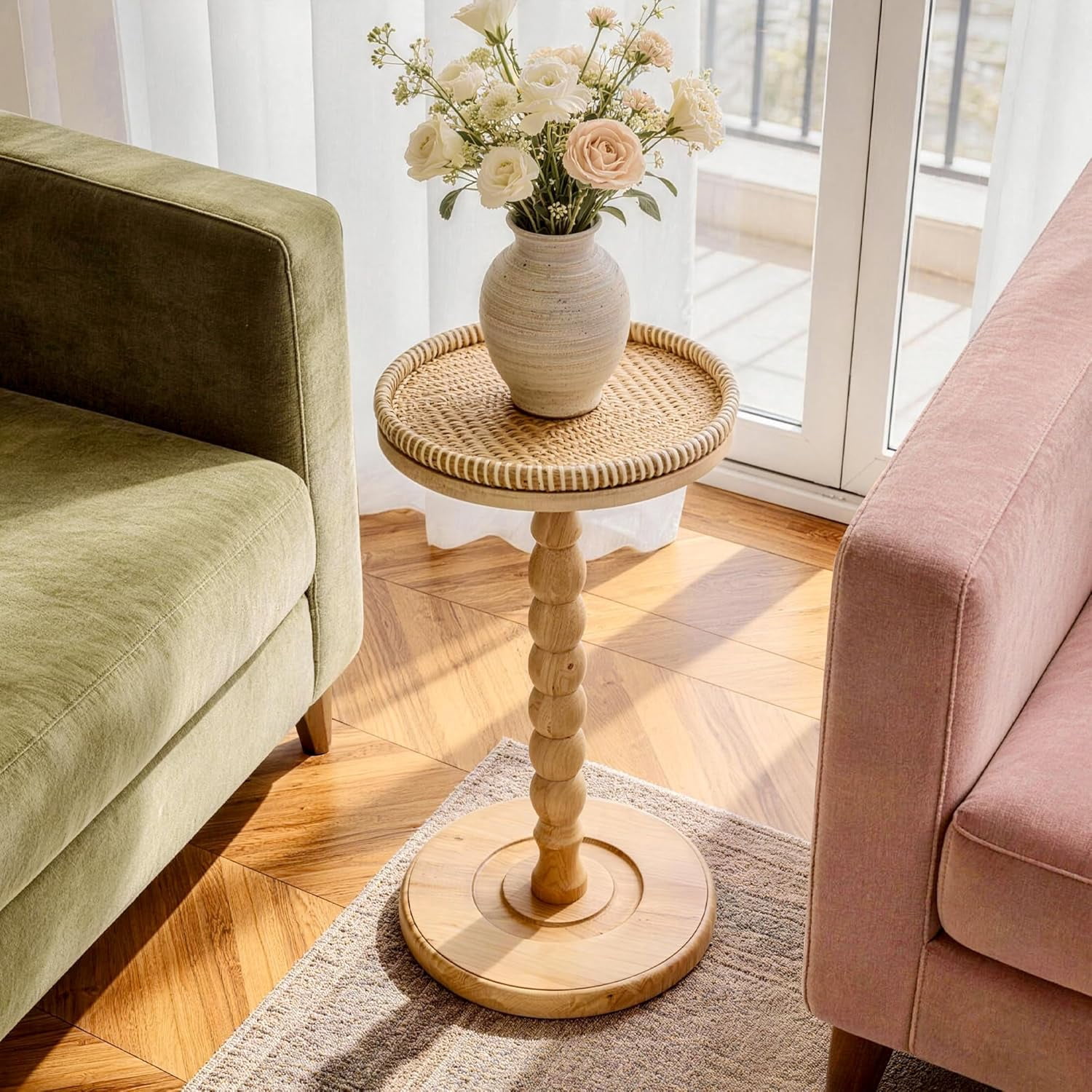 Rattan Round Side Table, Solid Wood Drink Table,Rubberwood‌ Small Drink Table for Small Spaces, Solid Wood Pedestal Coffee Tables, End Tables for Living Room, Sofa , Bedroom