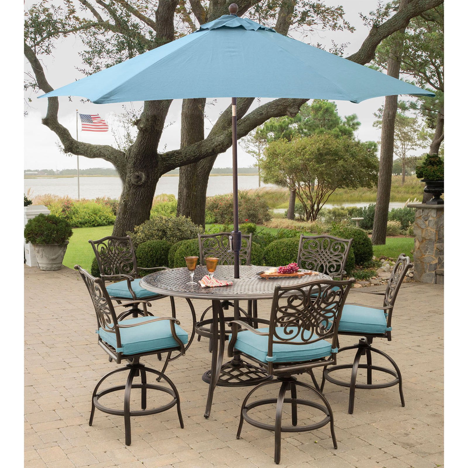 Hanover Outdoor Traditions 7 Piece Bar Set With Cast Top Table And Umbrella W Stand Walmart Com Walmart Com