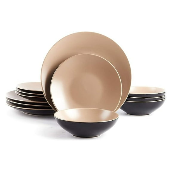 Stoneware Dinnerware Set, 12pc Two-Tone Black & Beige - Coupe Shape, Dishwasher & Microwave Safe - Modern Table Setting for 4