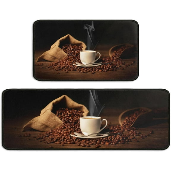 Coffee Kitchen Decor Rugs Set 2 Piece, Farmhouse Style Home Indoor Kitchen Rugs and Mats Non Skid Washable 17x47 17x30 Inches