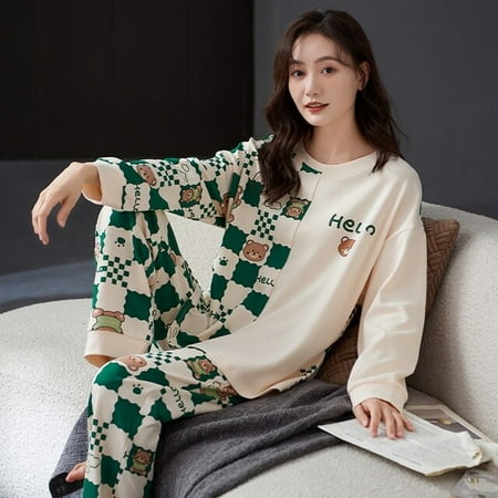 

QWZNDZGR Autumn Pure Cotton Young Women s Pajama Sets Pyjamas Cartoon Plaid Sleepwear kawaii Girl Loungewear Pijama Mujer Night Homewear