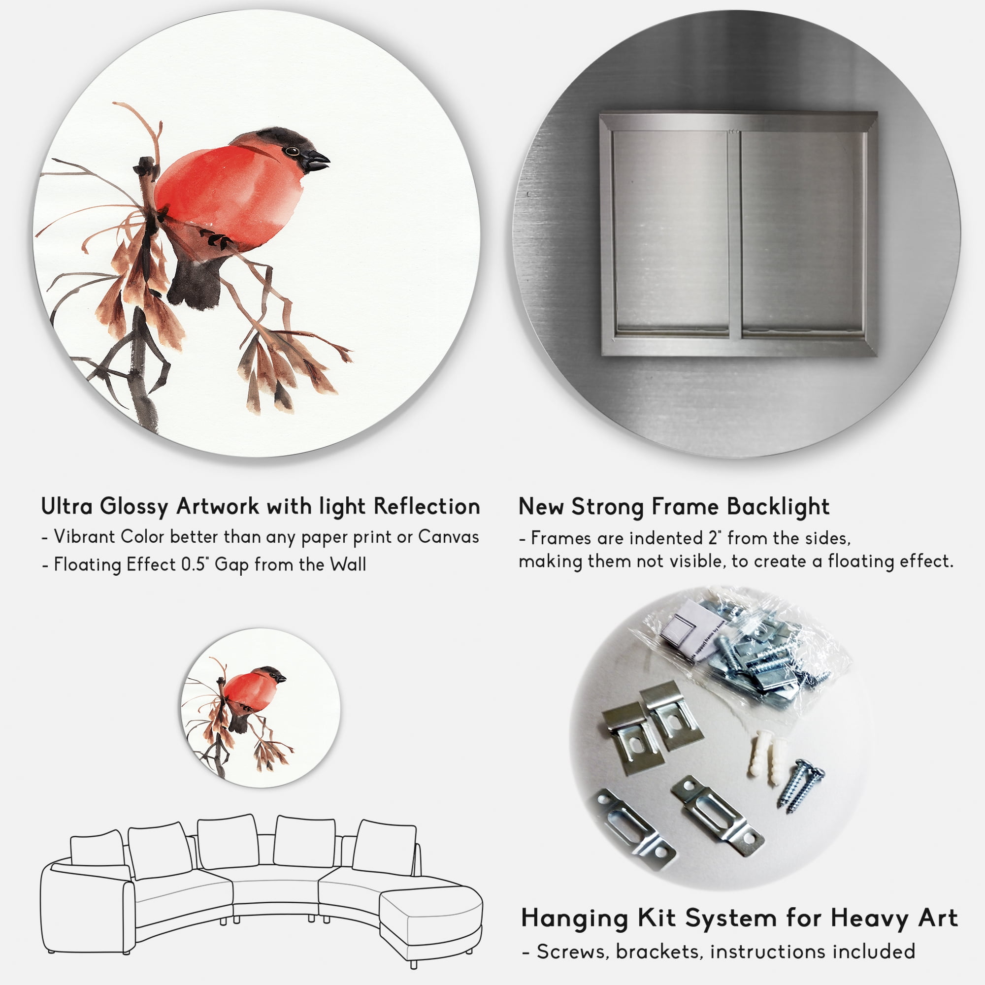 Designart 'Red Bullfinch Bird Sitting On A Branch' Traditional Circle Metal Wall Art 29x29 - Disc of 29