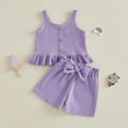 thumbnail image 5 of vigerkar Toddler Baby Girl T Shirt Shorts Set Waffle Bow Sleeveless Slip Ruffle Tops Matching Outfit Spring Summer Clothes (Purple, 6-12 Months), 5 of 7